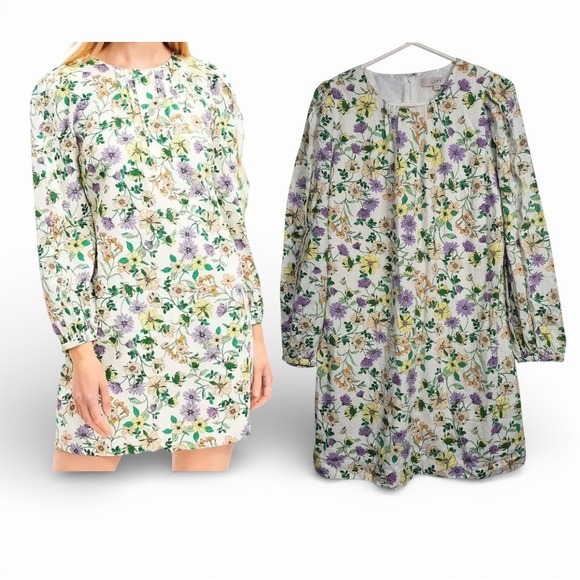 LOFT Dresses & Skirts - LOFT Women 8 Linen Blend Floral Long Sleeve Shift Dress Whisper White Romantic